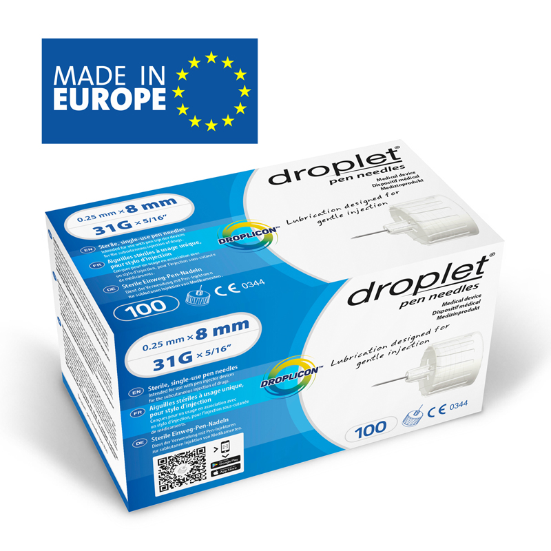 Голки для шприц-ручок Droplet, одноразового використання, стерильні, 8 мм*0,25 мм, 31G, універсальні, 100 шт., STREFA S.A., (Польща).